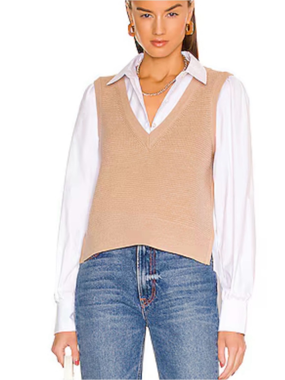 Veronica Beard Revolve V-Neck Knit wool Sweater Camel Lark Mixed Media Vest